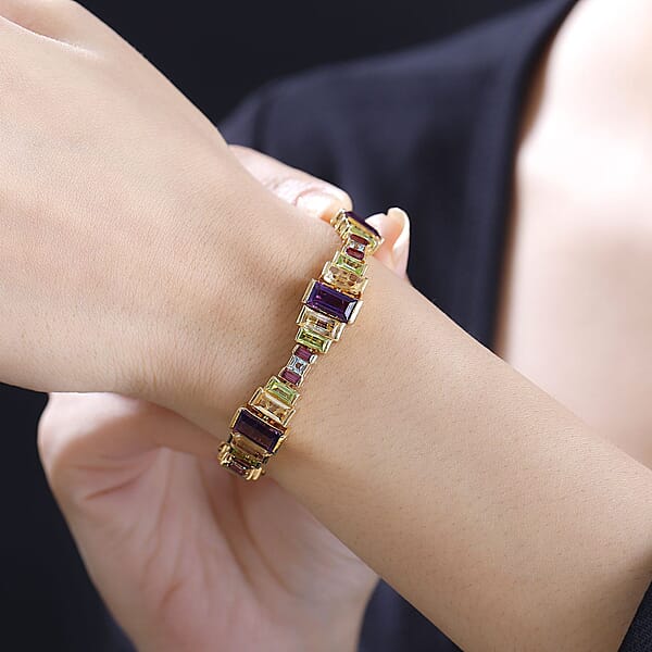 D'Joy Multi Gemstone 30.30 Ctw Bracelet In 18K Vermeil Yellow Gold Over Sterling Silver (7.25 In)