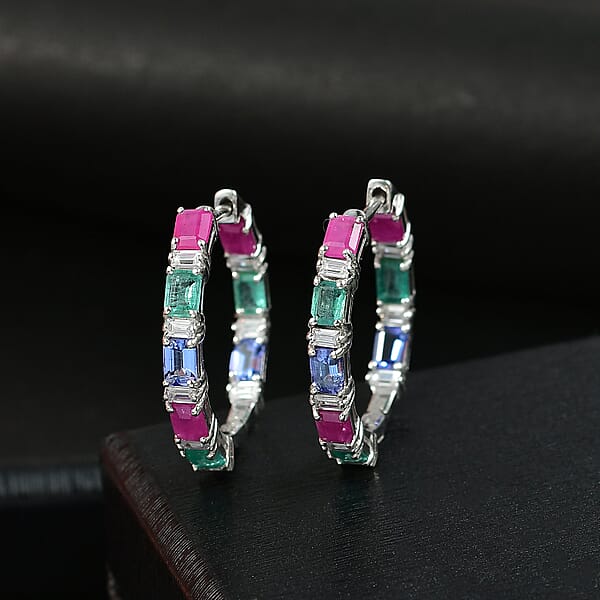 D’Joy Multi Gemstone 4.50 Ctw Floral Vine Hoop Earrings In Rhodium Over Sterling Silver