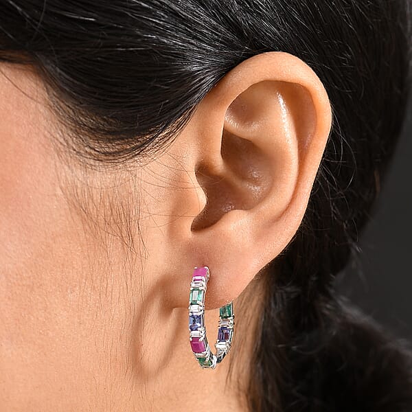 D’Joy Multi Gemstone 4.50 Ctw Floral Vine Hoop Earrings In Rhodium Over Sterling Silver