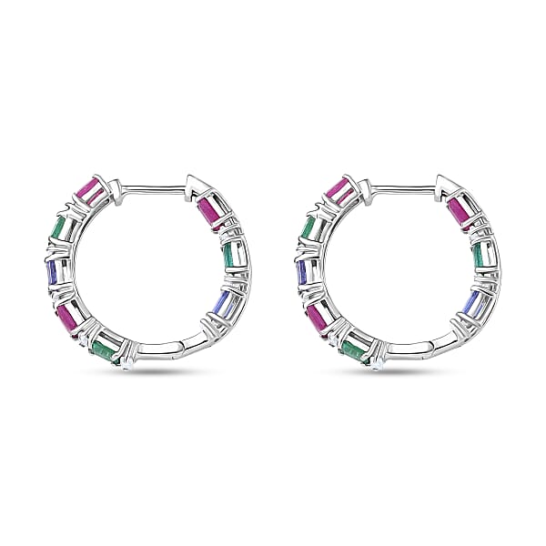 D’Joy Multi Gemstone 4.50 Ctw Floral Vine Hoop Earrings In Rhodium Over Sterling Silver
