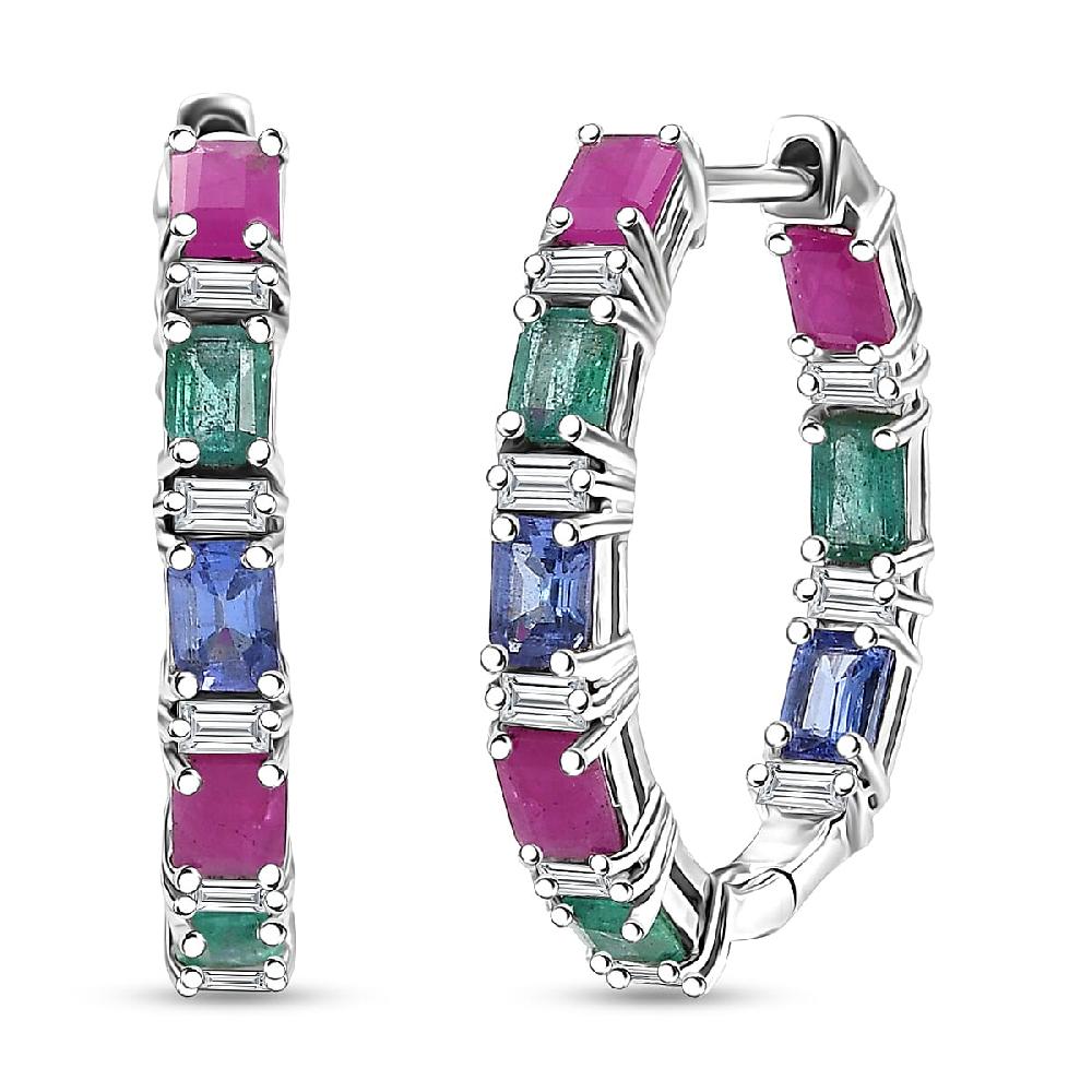 D’Joy Multi Gemstone 4.50 ctw Floral Vine Hoop Earrings in Rhodium Over Sterling Silver