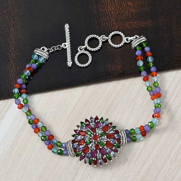 D'Joy Multi Gemstone 41.00 Ctw Chrysanthemum Flower Bracelet In Rhodium Over Sterling Silve (6.50-8.0In)