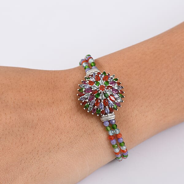D'Joy Multi Gemstone 41.00 Ctw Chrysanthemum Flower Bracelet In Rhodium Over Sterling Silve (6.50-8.0In)