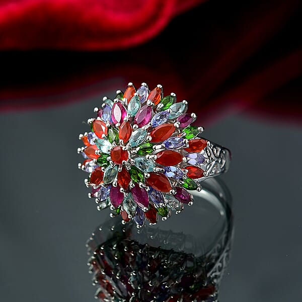 D'Joy Multi Gemstone 5.35 Ctw Chrysanthemum Flower Ring In Rhodium Over Sterling Silver