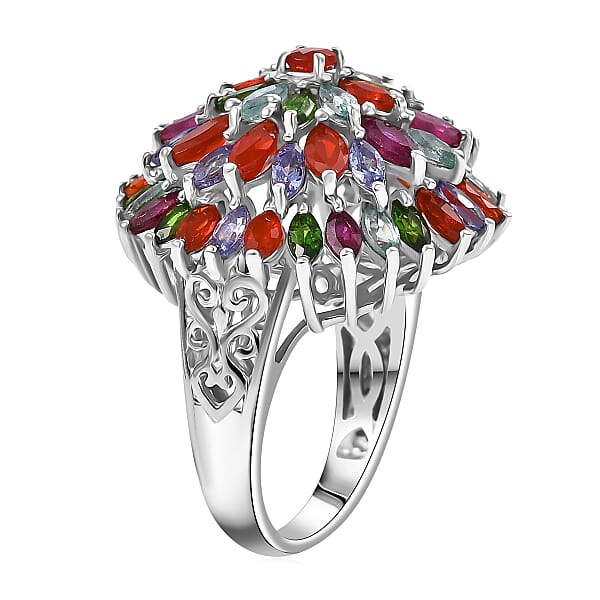 D'Joy Multi Gemstone 5.35 Ctw Chrysanthemum Flower Ring In Rhodium Over Sterling Silver