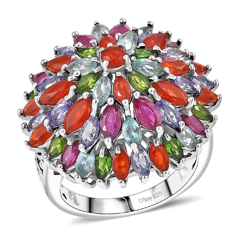 D'Joy Multi Gemstone 5.35 ctw Chrysanthemum Flower Ring in Rhodium Over Sterling Silver