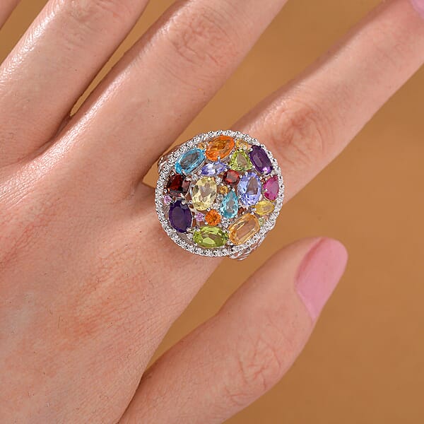 D'Joy Multi Gemstone 5.50 Ctw Prism Bloom Ring In Rhodium Over Sterling Silver