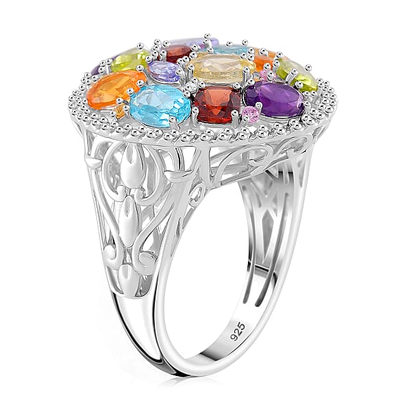 D'Joy Multi Gemstone 5.50 Ctw Prism Bloom Ring In Rhodium Over Sterling Silver