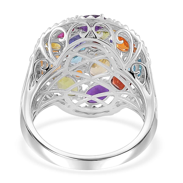D'Joy Multi Gemstone 5.50 Ctw Prism Bloom Ring In Rhodium Over Sterling Silver