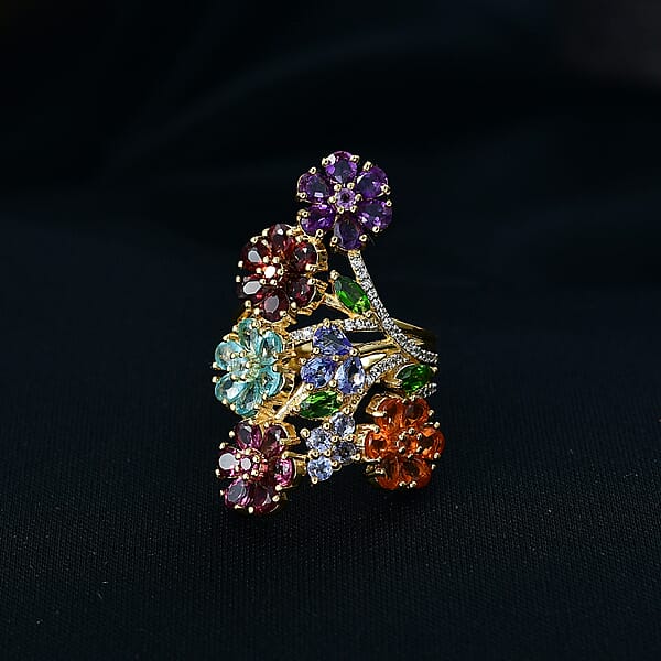D'Joy Multi Gemstone 6.60 Ctw Blooming Garden Ring In Vermeil Yellow Gold Over Sterling Silver