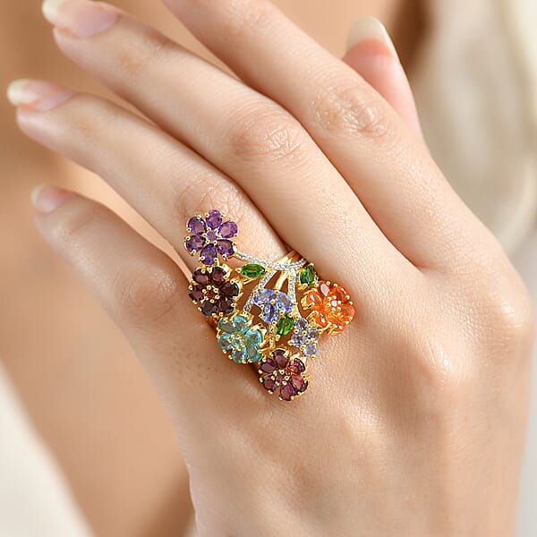 D'Joy Multi Gemstone 6.60 Ctw Blooming Garden Ring In Vermeil Yellow Gold Over Sterling Silver