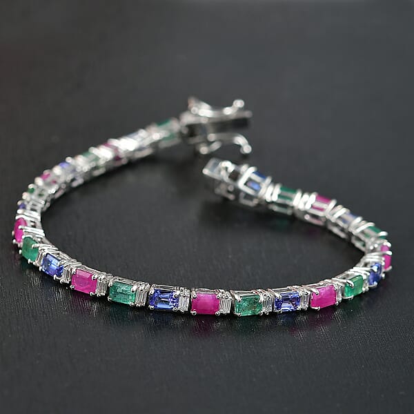 D'Joy Multi Gemstone 7.35 Ctw Floral Vine Bracelet In Rhodium Over Sterling Silver (6.50 In)