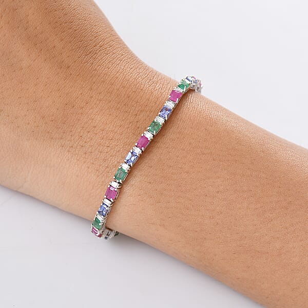 D'Joy Multi Gemstone 7.35 Ctw Floral Vine Bracelet In Rhodium Over Sterling Silver (6.50 In)