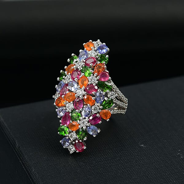 D'Joy Multi Gemstone 7.65 Ctw Blooming Garden Ring In Platinum Over Sterling Silver