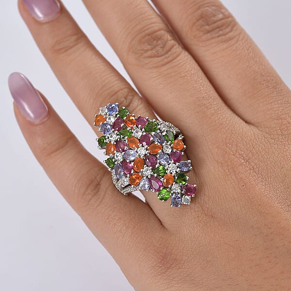 D'Joy Multi Gemstone 7.65 Ctw Blooming Garden Ring In Platinum Over Sterling Silver