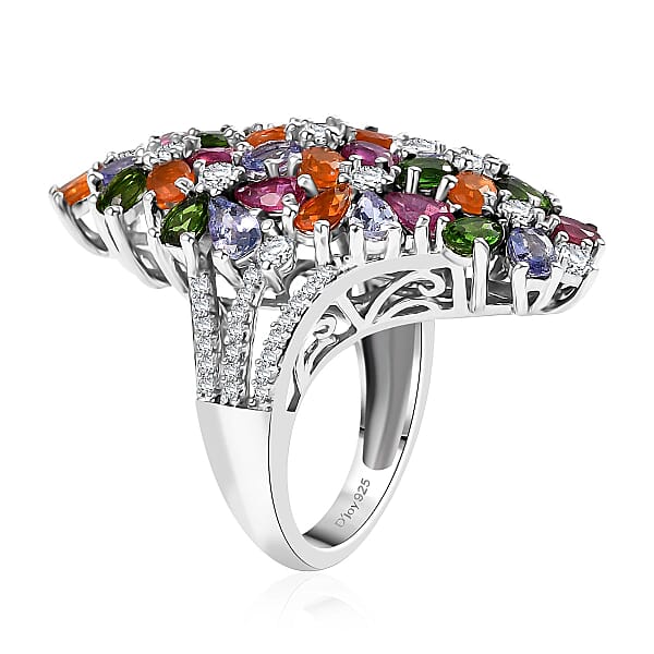D'Joy Multi Gemstone 7.65 Ctw Blooming Garden Ring In Platinum Over Sterling Silver