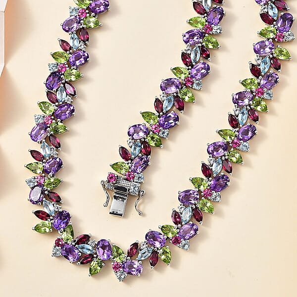 D'Joy Multi Gemstone 87.25 Ctw Plum Blossom Necklace 18 Inches In Platinum Over Sterling Silver