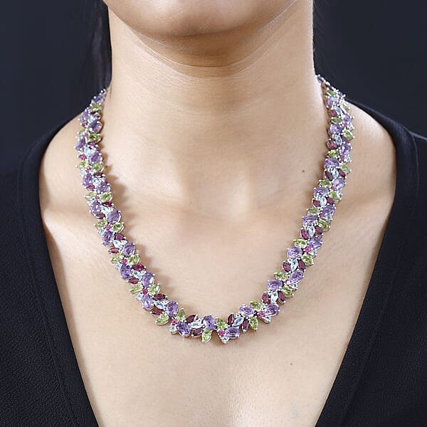 D'Joy Multi Gemstone 87.25 Ctw Plum Blossom Necklace 18 Inches In Platinum Over Sterling Silver