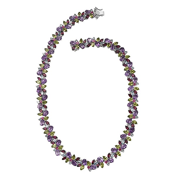 D'Joy Multi Gemstone 87.25 Ctw Plum Blossom Necklace 18 Inches In Platinum Over Sterling Silver