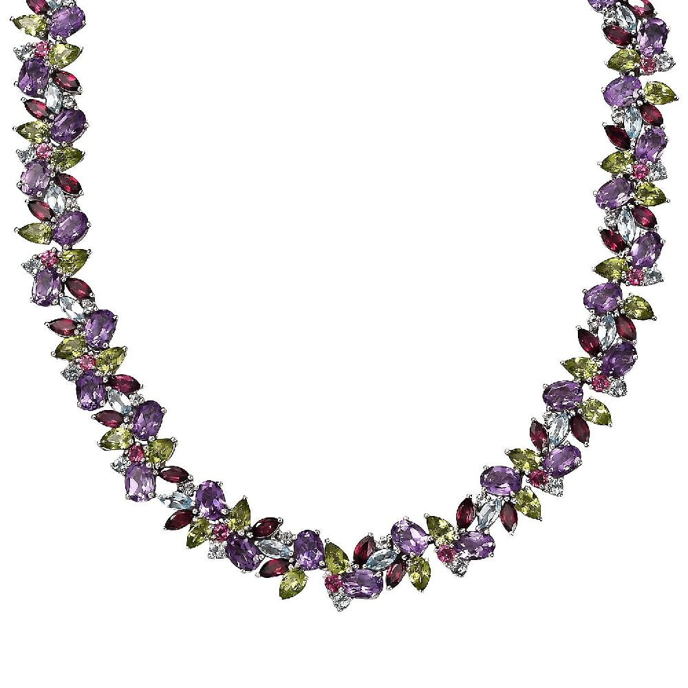 D'Joy Multi Gemstone 87.25 ctw Plum Blossom Necklace 18 Inches in Platinum Over Sterling Silver