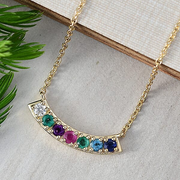 D'Joy Multi Gemstone And Lab Grown Diamond I1 0.90 Ctw Necklace In 18K Vermeil Yellow Gold Over Sterling Silver 18 Inches