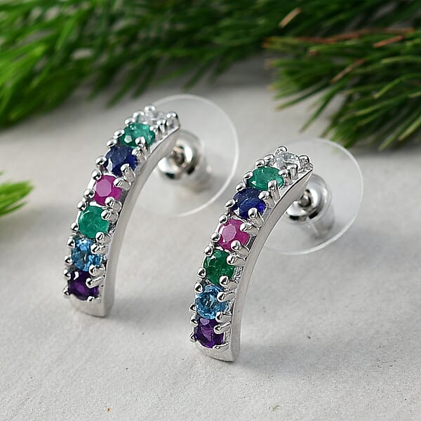 D'Joy Multi Gemstone And Lab Grown Diamond I1 1.50 Ctw Earrings In Rhodium Over Sterling Silver