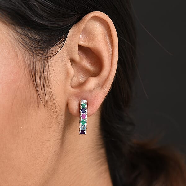 D'Joy Multi Gemstone And Lab Grown Diamond I1 1.50 Ctw Earrings In Rhodium Over Sterling Silver
