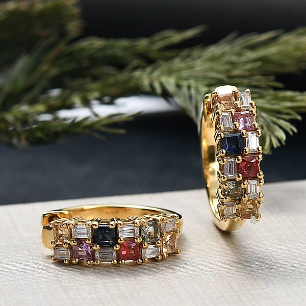 D'Joy Multi Sapphire And Moissanite 2.00 Ctw Color Crest Hoop Earrings In 18K Vermeil Yellow Gold Over Sterling Silver