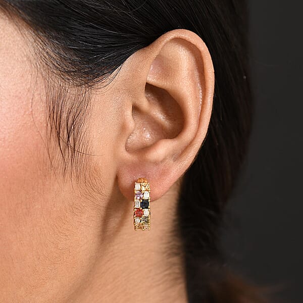 D'Joy Multi Sapphire And Moissanite 2.00 Ctw Color Crest Hoop Earrings In 18K Vermeil Yellow Gold Over Sterling Silver