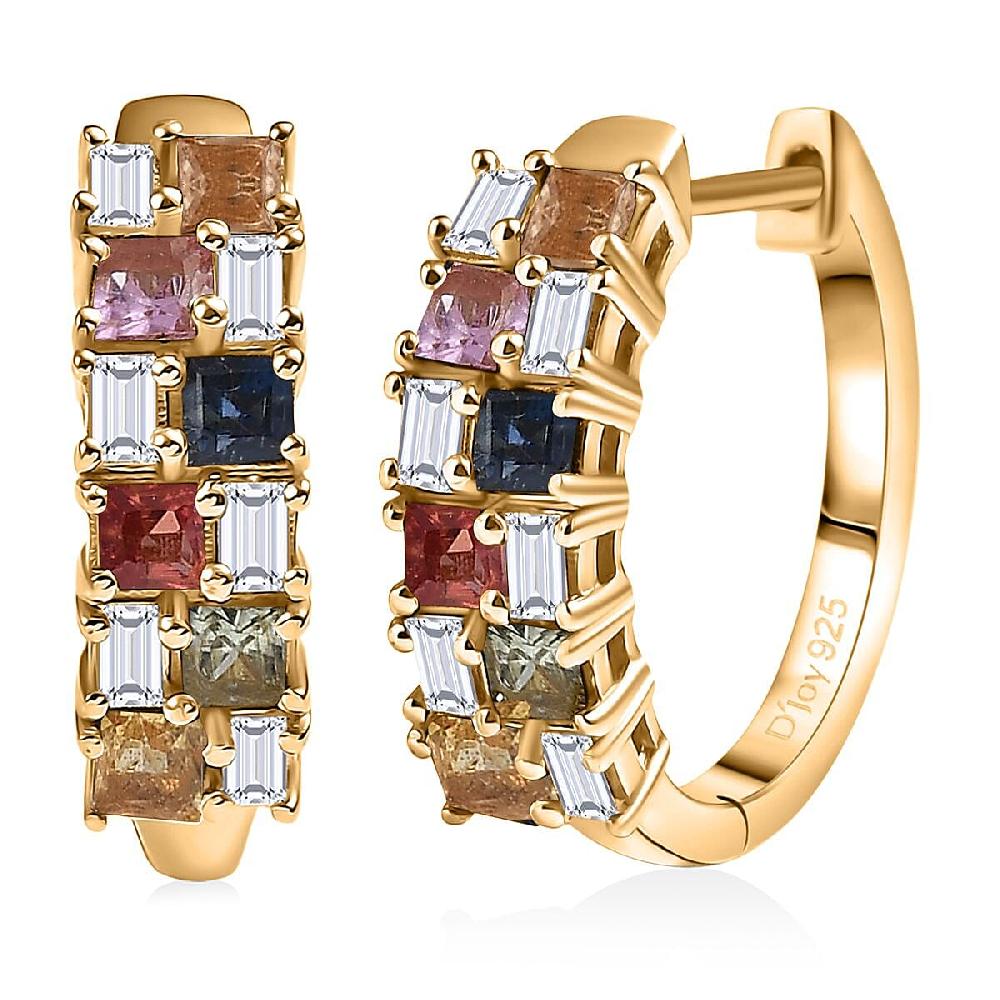 D'Joy Multi Sapphire and Moissanite 2.00 ctw Color Crest Hoop Earrings in 18K Vermeil Yellow Gold Over Sterling Silver