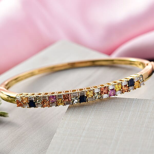 D'Joy Multi Sapphire And Moissanite 4.50 Ctw Color Crest Bangle Bracelet In 18K Vermeil YG Over Sterling Silver (7.25 In)