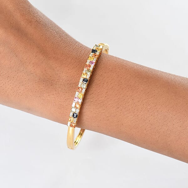 D'Joy Multi Sapphire And Moissanite 4.50 Ctw Color Crest Bangle Bracelet In 18K Vermeil YG Over Sterling Silver (7.25 In)