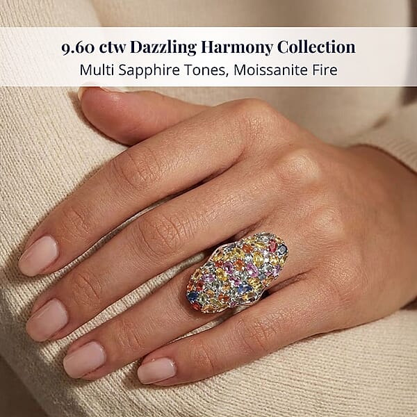 D'Joy Multi Sapphire And Moissanite 9.60 Ctw Crown Of Colors Ring In Rhodium Over Sterling Silver