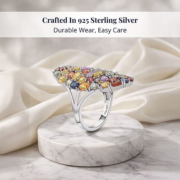 D'Joy Multi Sapphire And Moissanite 9.60 Ctw Crown Of Colors Ring In Rhodium Over Sterling Silver