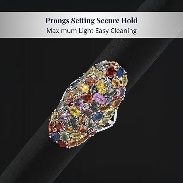 D'Joy Multi Sapphire And Moissanite 9.60 Ctw Crown Of Colors Ring In Rhodium Over Sterling Silver