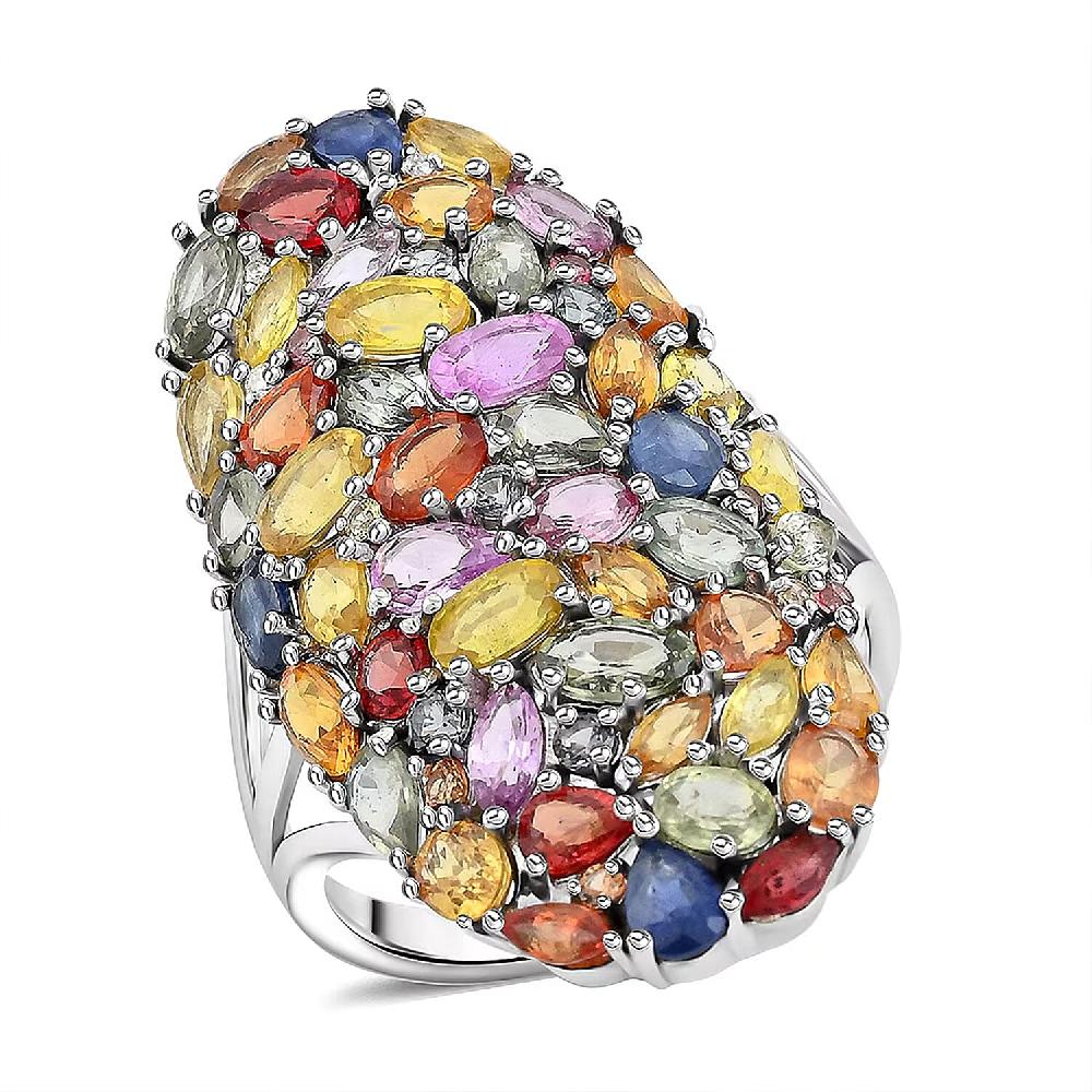 D'Joy Multi Sapphire and Moissanite 9.60 ctw Crown of Colors Ring in Rhodium Over Sterling Silver