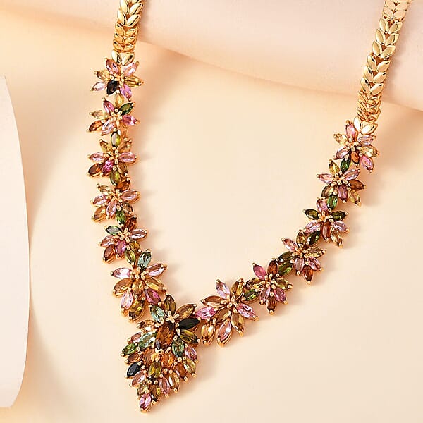 D'Joy Multi-Tourmaline 13.25 Ctw Floral Harmony Necklace In 18K Vermeil Yellow Gol Over Sterling Silver 18-20 Inches