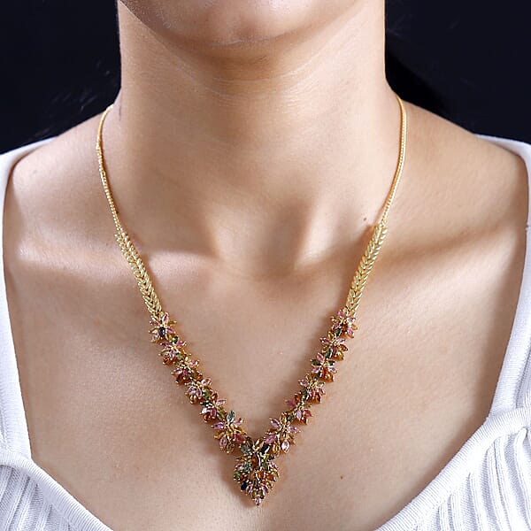D'Joy Multi-Tourmaline 13.25 Ctw Floral Harmony Necklace In 18K Vermeil Yellow Gol Over Sterling Silver 18-20 Inches