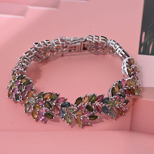 D'Joy Multi-Tourmaline 17.20 Ctw Botanic Symphony Bracelet In Rhodium Over Sterling Silver (6.50 In)