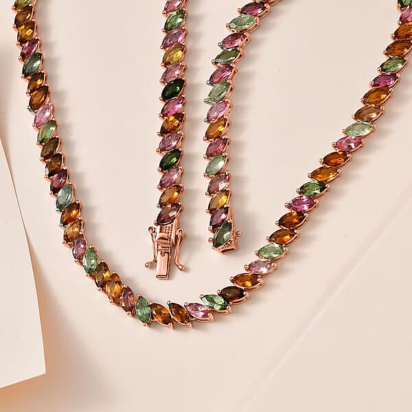 D'Joy Multi-Tourmaline 27.85 Ctw Necklace In 18K Vermeil Rose Gold Over Sterling Silver 18 Inches (Del. In 10-12 Days)