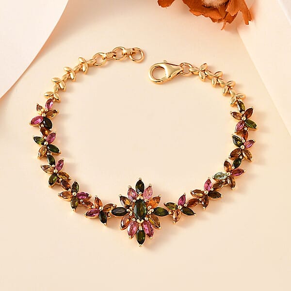 D'Joy Multi-Tourmaline 6.00 Ctw Floral Harmony Bracelet In 18K Vermeil Yellow Gold Over Sterling Silver (6.50 In)
