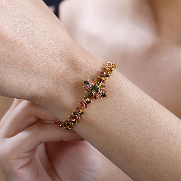 D'Joy Multi-Tourmaline 6.00 Ctw Floral Harmony Bracelet In 18K Vermeil Yellow Gold Over Sterling Silver (6.50 In)