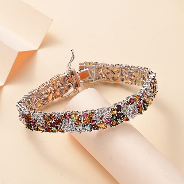 D'Joy Multi-Tourmaline And Moissanite 18.50 Ctw Celestial Garden Bracelet In Rhodium Over Sterling Silver (7.25 In)