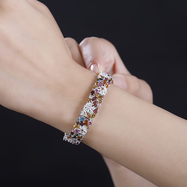 D'Joy Multi-Tourmaline And Moissanite 18.50 Ctw Celestial Garden Bracelet In Rhodium Over Sterling Silver (7.25 In)