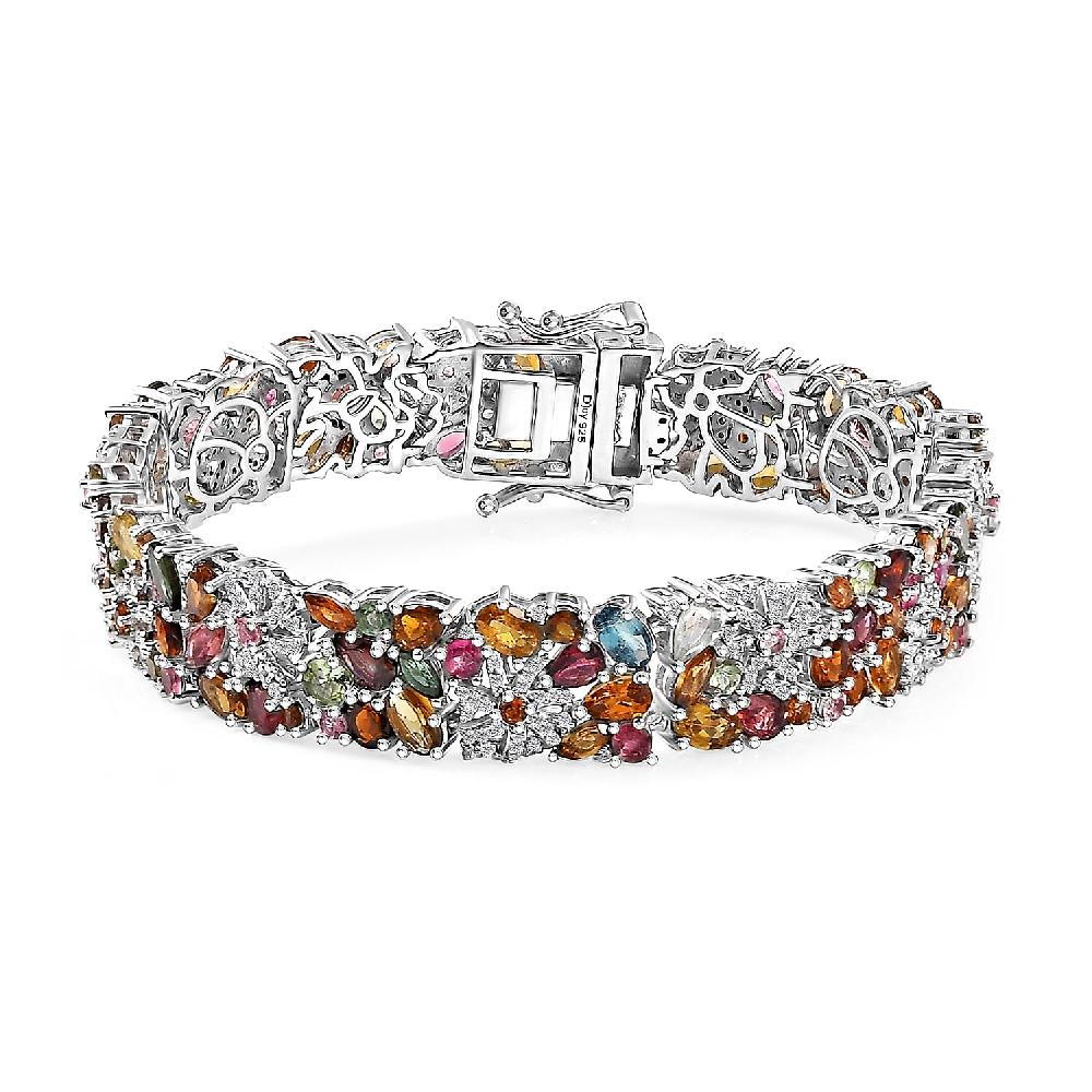 D'Joy Multi-Tourmaline and Moissanite 18.50 ctw Celestial Garden Bracelet in Rhodium Over Sterling Silver (7.25 In)