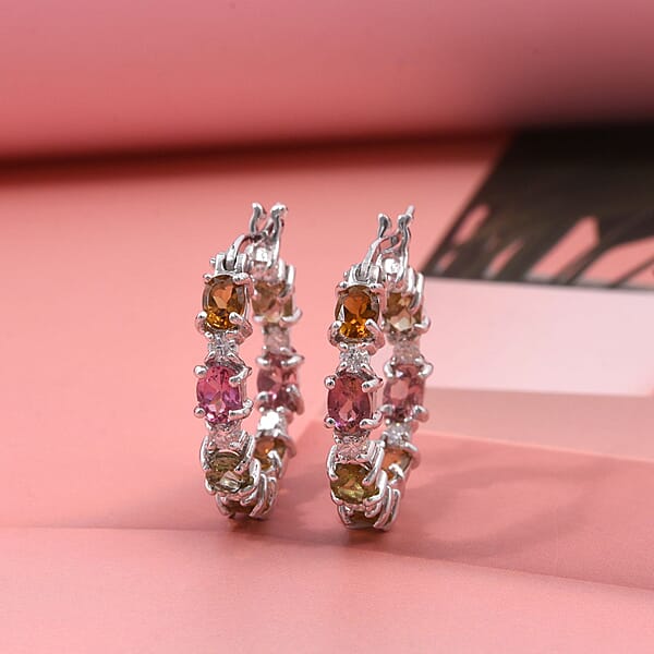 D'Joy Multi-Tourmaline And Moissanite 3.00 Ctw Hoop Earrings In Rhodium Over Sterling Silver