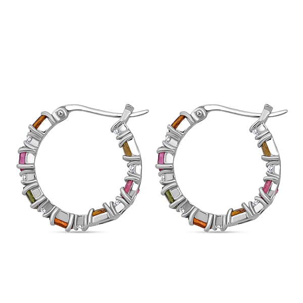 D'Joy Multi-Tourmaline And Moissanite 3.00 Ctw Hoop Earrings In Rhodium Over Sterling Silver