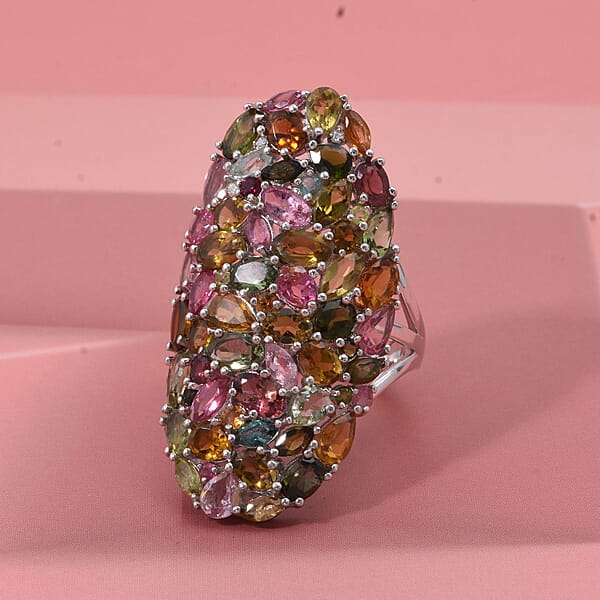 D'Joy Multi-Tourmaline And Moissanite 8.00 Ctw Crown Of Colors Ring In Rhodium Over Sterling Silver