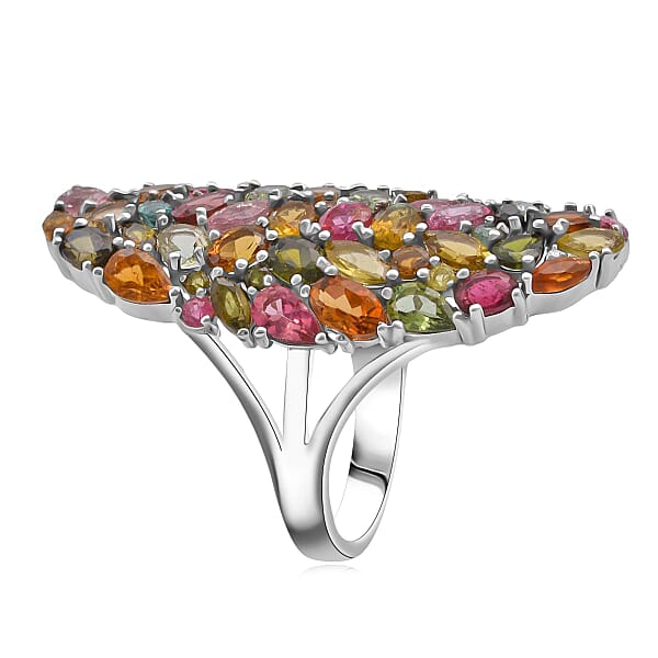 D'Joy Multi-Tourmaline And Moissanite 8.00 Ctw Crown Of Colors Ring In Rhodium Over Sterling Silver