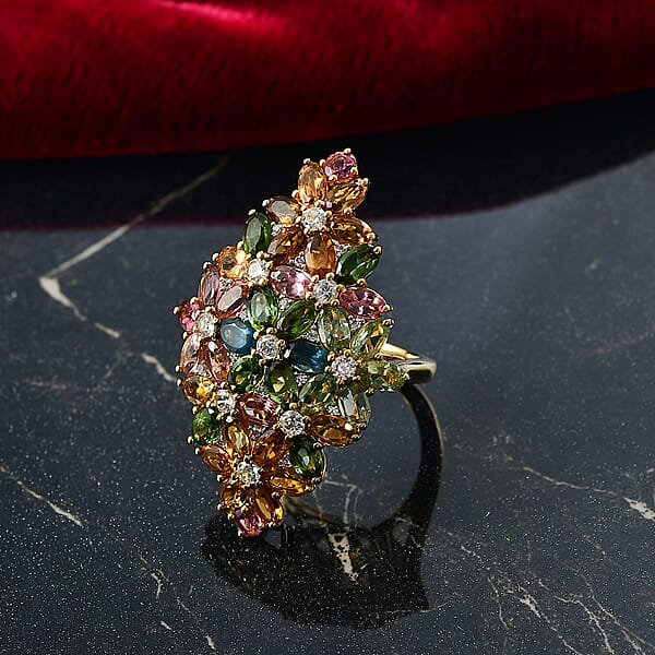 D'Joy Multi-Tourmaline And White Zircon 11.35 Ctw Bunch Of Flowers Ring In 18K Vermeil Yellow Gold Over Sterling Silver